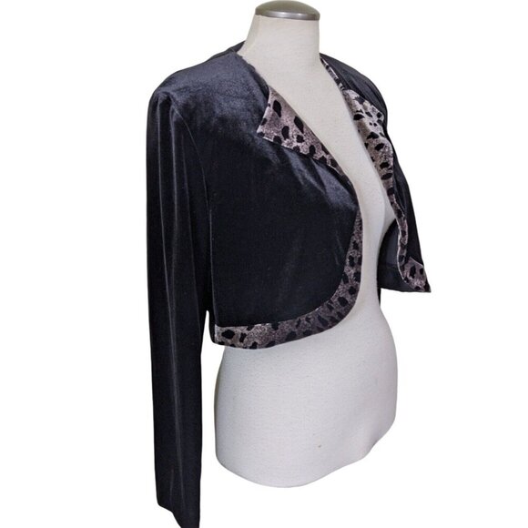 Womens Cropped Open Jacket Womens Size S Black Velvet Leopard Print Collar Shrug - Picture 3 of 5